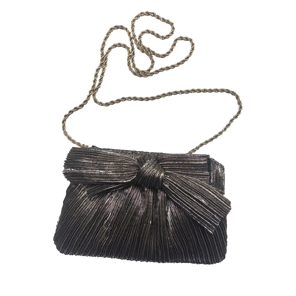 Loeffler Randall Rayne Pleated Bow Clutch Metallic Gray Gold Mini Shoulder Bag